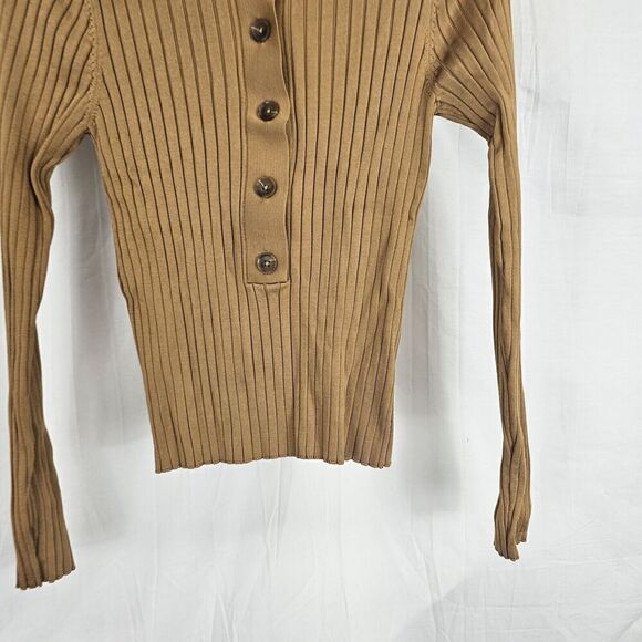 Good American Plaited Rib Polo Shirt In Bronze Brown Button Up Women's Size 1/2 - Picture 3 of 7